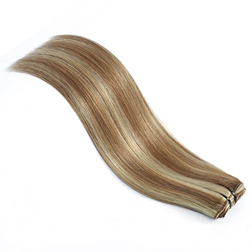 Hair Extensions Clip in Human Hair Chestnut Brown Mixed Blonde Natural Hair 8pcs 120g Remy Human Hair Extensions Clip in Thick Hair Extensions for Woman(6/613,24inch)