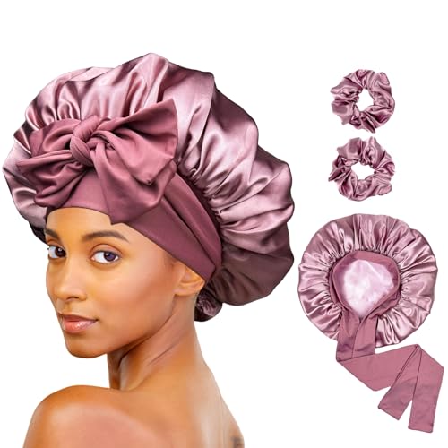 LuxeLouise Satin Bonnet for Sleeping Silk Hair Bonnet for Sleeping Women Double Layer Silk Hair Wrap Sleep Bonet Satin Bonnets for Curly Hair and Braids (Cameo Pink)