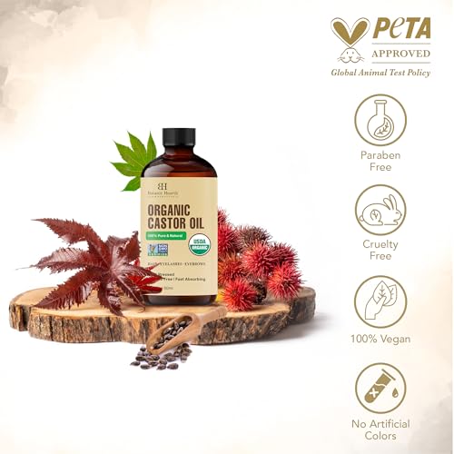 Botanic Hearth Castor Oil | 100% Pure & Natural, Cold Pressed, Organic | 2 fl oz| For Hair, Eyelashes & Eyebrows | Hexane Free, Fast Absorbing | With Dropper & Applicators