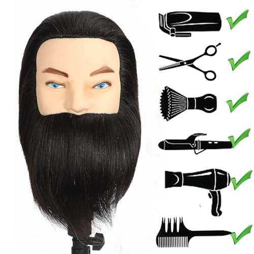 Male Mannequin Head with Beard 100% Human Hair Haircut Manikin Head for Cosmetology Straight Thick Hair Doll Head with Human Hair with Stand Practice Cutting Styling