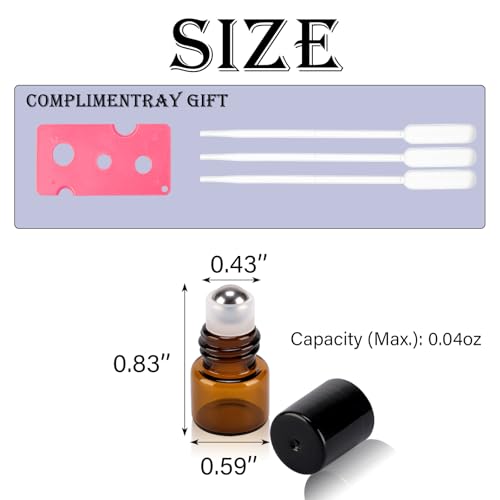 120 pack 1ml Amber Glass Roller Bottles for Essential Oils Refillable Roll-on Applicator with Stainless Steel Roller Balls Mini Leak-proof Makeup Containers with Pipettes and Bottle Opener