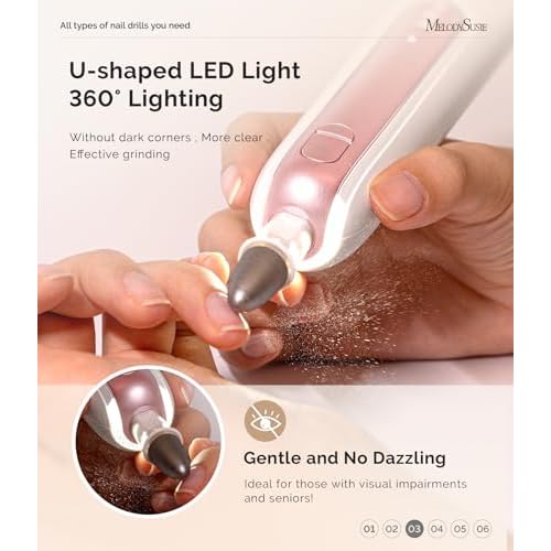 MelodySusie Cordless Pedicure & Manicure Nail Drill Kit, PC760G for Salon-Quality Foot Care for Home & Travel, Rechargeable with 5 Speeds, 8-in-1 Bits, 360¡Æ LED Light & Anti-Dust Shield