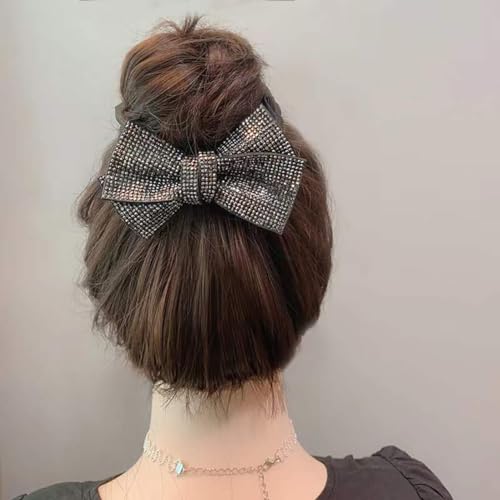 2 Pack Large Rhinestone Bow Scrunchies for Women Girls Shiny Crystal Hairband Ponytail Holders Elastic Hair Ties Hair Accessories (Black)