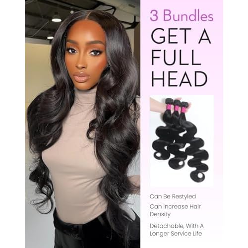 Arabella 3 Body Wave Bundles Human Hair 18 20 22 Inch Natural Black Bundles 100% Unprocessed Brazilian Virgin 10A Weave Sew in Double Weft Human Hair Bundles