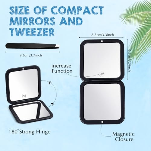 Geetery Travel Compact Magnifying Mirror with Tweezers, 1X/15X Magnification, 3.35'' x 3.35'' Pocket Size, Folding Makeup Mirror, Portable for Travel and Purses (Black)