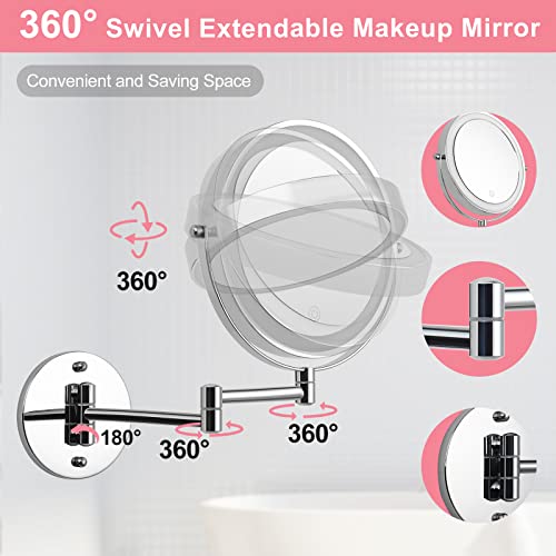 Wall Mounted Makeup Vanity Mirror with Lights, 8¡± Double Sided 1X/10X Wall Mount Magnifying Bathroom Shaving Mirror with 3 Color Lights, Rechargeable Touch Dimmable Extendable Cosmetic