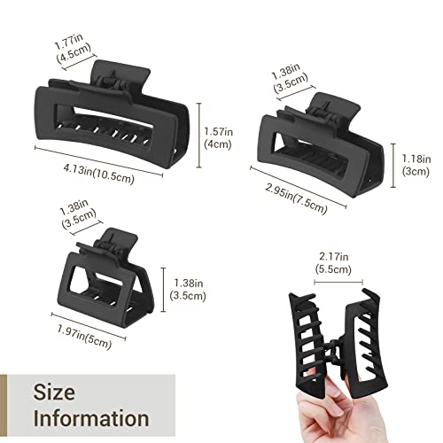 Shinowa 3 Pack Hair Claw Clips, Square Rectangular Claw Hair Clips for Women Girls, Non-slip Matte Large Medium Small Hair Clips, Strong Hold Jaw Clip for Thick Thin Hair, Black