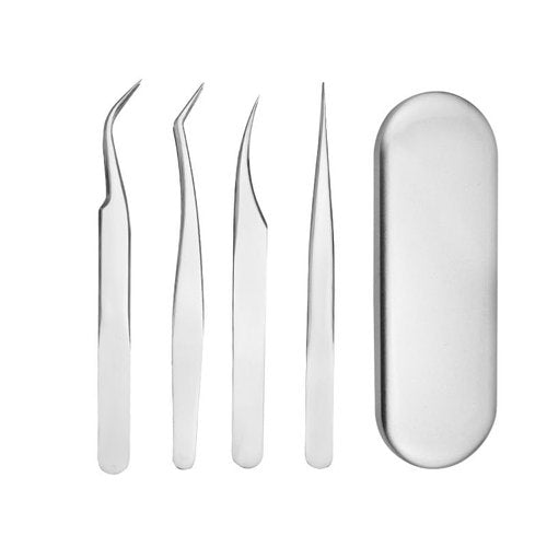 Professional Stainless Steel Eyelash Extension Tweezers, Straight and Curved Lash Tweezers Set for Eyelash Extension Artists Girls Women Beginners Tool (4Pcs/Set Eyelashes Tweezers)