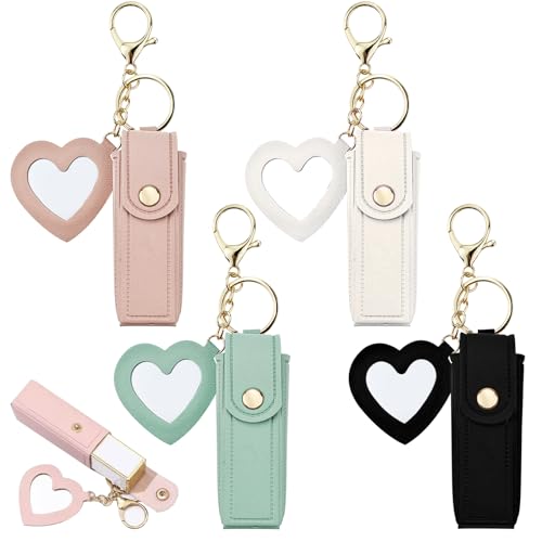 4 PACK PU Leather Potable Chapstick Holder Key Chain Bulk with Mirror, Lipstick Keychain, Lip Balm Organizer Holder Lipstick Travel Makeup Storage Case for Women Girls (Style 1)