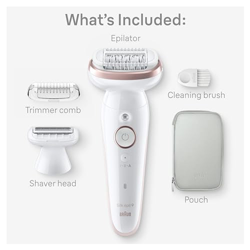 Braun Epilator Silk-?pil 9, Hair Removal Device, Women Shaver & Trimmer, Pivoting Head, Wet and Dry Epilator, Includes Shaver Head and Trimmer Comb, SES9-030