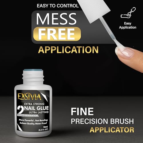 Super Strong Nail Glue for Press On Nails, Acrylic Nails & Nail Tips (10ml) Exsivia 2nd Gen NailBond for Fake Nails, Extra Strength,Long Lasting, Brush on Adhesive, No Dehydrator or Primer Needed