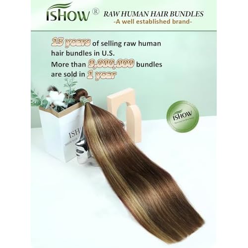 ISHOW Raw Human Hair Bundles, 100% Unprocessed Virgin Human Hair, 15A Straight Premium Quality Bundles Producer, 18 Inch Single Bundle, Long Lasting, Ombre Honey Blonde Color P4/27