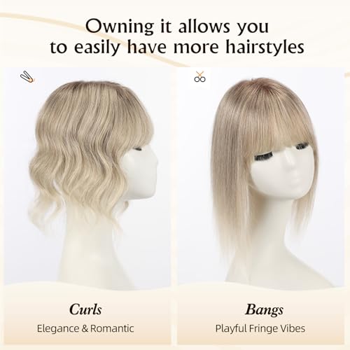 5.5"¡¿5" Human Hair Toppers 12 inches for Women,100% Remy Human Hair with 4 Non-slip Clips and Large-area Simulation Scalp Base,Top Hairpieces for Women with Thin Hair(Ombre Gray)