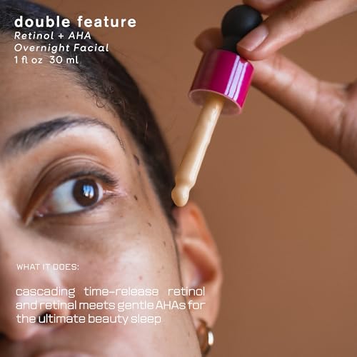 Double Feature, Time-Release Retinol + AHA Overnight Facial Hydration Serum with Vitamin A complex, Lactic & Mandelic Acid, Targets Fine Lines, Pores, Hyperpigmentation - 1 fl