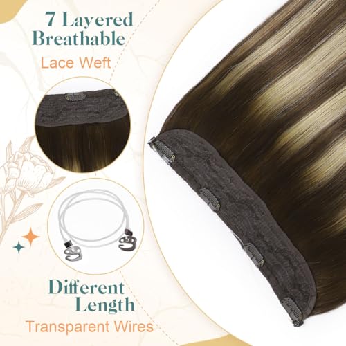 Sindra Wire Hair Extensions Real Human Hair 14Inch 70g Balayage Medium Brown Mix Caramel Blonde Fishing Line Extensions With Adjustable Clips Wire14#4/27/4