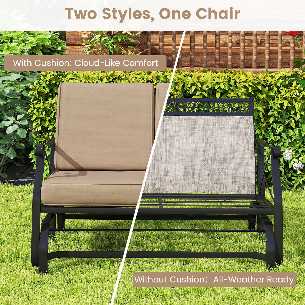 2-Person Outdoor Glider Loveseat with Cushions, Brown - 47 Inch