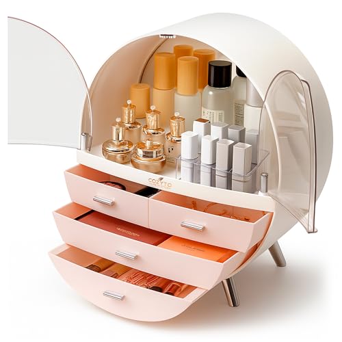 Glamora ? Luna by COZYTO ? Premium Cosmetic Organizer with Magnetic Doors Multi-Tier Skincare & Makeup Cabinet Perfume Organizer Makeup Organizer (Pearl White/Blush Pink & Silver Accents)