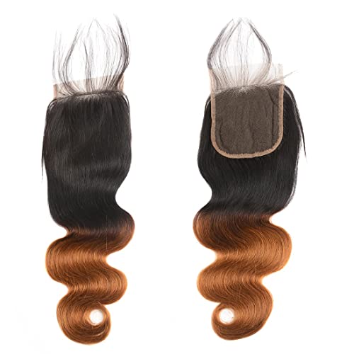 Ombre Human Hair Bundles with Closure Body Wave 3 Bundles 1B/30 Brazilian Virgin Human Hair Two-tone Dark Root with 4x4 Lace Closure(T1B/30, 22 24 26 + 20)