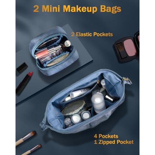 Wedama Makeup Bag Gift for Women, Double-layer Cosmetic Bag with Jewelry Storage and Brush Holder 3 Pcs Velvet Makeup Organizer Bag Gift Set Travel Toiletry Bag for Women Girls, Blue