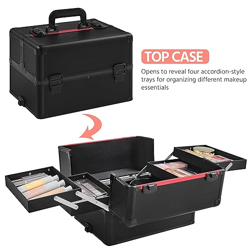 Yaheetech 4 in 1 Professional Makeup Train Case Aluminum Cosmetic Case Rolling Makeup Case Extra Large Trolley Makeup Travel Organizer, with 360¡Æ Swivel Wheels, Black