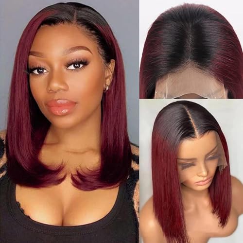 Blunt Cut Human Hair Straight #1B/99J burgundy 13X6 HD Transparent Lace Front Wig with Baby Hair 100% Virgin Glueless Brazilian Remy 150% Density for Black Women 12 Inch