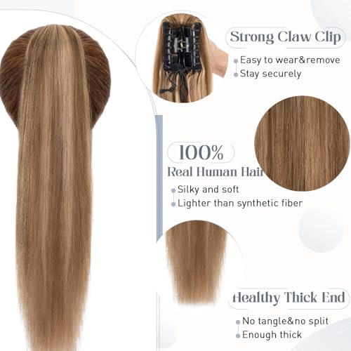 Rich Choices Claw Clip Ponytail Extension Real Human Hair One Piece Clip In Remy Long Ponytail Hair Extension For Women Human Pony tail#4P27 Medium Brown Highlighted Dark Blonde 22 Inch