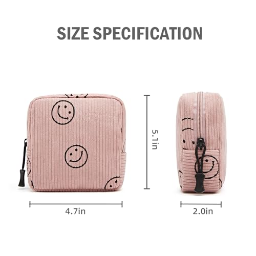 Small Makeup Bag for Purse,Mini Cosmetics Bag cute Zipper corduroy Cosmetic Pouch Storage Pouch Travel Toiletry Organizer for Women Girls(Smiley Face,Pink)