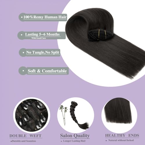 Clip in Hair Extensions Real Human Hair,24 Inch 7Pcs 120g Seamless Human hair Clip in Extensions for Women Invisible Straight 1B Natural Black Hair Extensions Clip ins Double Weft
