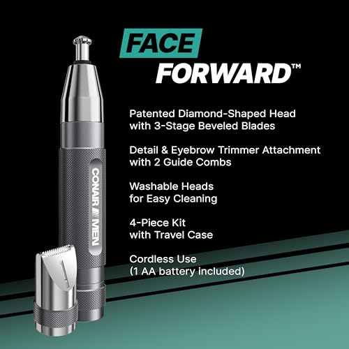 Conair Men Ear, Nose and Eyebrow Trimmer, Patented 360¡Æ Bevel Blade for No Pulls, Nicks or Cuts Guaranteed, Nose Hair Trimmer for Men, Non-Slip Grip, 5-Piece Kit with Travel Case