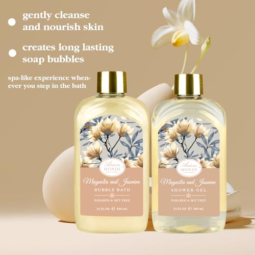 Home Spa Gift Basket, Bath Spa Kit for Women, with Body Lotion, Shower Gel, Bubble Bath, Body Scrub, Bath Salt, Bath Bomb, Bath Gift Set for Mother, Wife Her, with Magnolia and Jasmine Scent