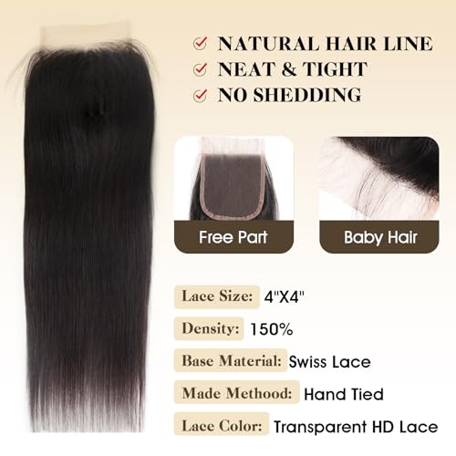 16A Straight Human Hair Bundles with Closure, 100% Unprocessed Brazilian Virgin Hair, 3 Bundles with 4x4 HD Lace Closure Free Part, Pre-Plucked with Baby Hair, Natural Black (22 24 26 + 20 Inch)