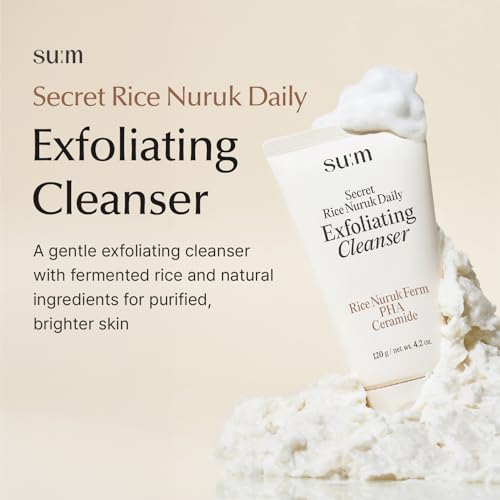 SU:M Secret Rice Nuruk Daily Exfoliating Cleanser (4.23 fl oz) - Korean Skincare Gentle Exfoliating Cleanser with Rice Nuruk Extract, PHA, and Melting Ceramide for Hydration and Smooth Skin Texture.