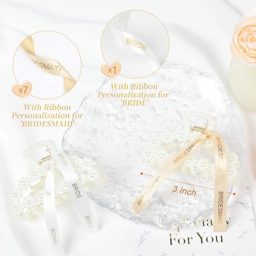 DEEKA Bridesmaid Proposal Gifts 8 Pack Pearl Bridesmaid Hair Claw Clips with Ribbon 3 Inch Hair Clips Bachelorette Party Favors Bridal Party Present Hair Accessories (Half Circle White&Champagne)