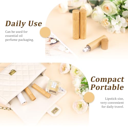 AUHOKY 12Pcs Bamboo Roll on Bottles for Essential Oils, Portable Massage Oil Bottle with Stainless Steel Roller Ball, Reusable Travel Perfumes Sample Lip Gloss Container (1 Opener) (10ML)