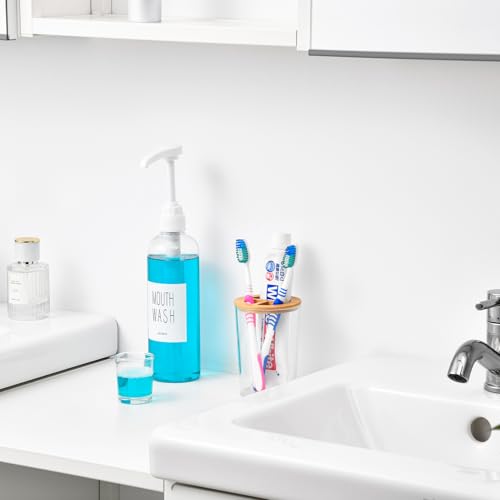 VITVITI Plastic Mouthwash Dispenser for Bathroom, 17 OZ Pump Mouth Wash Container Bottle with Cup, Clear Refillable Mouthwash Dispenser with Labels