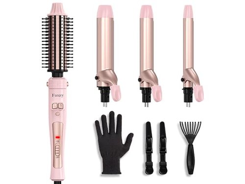 FARERY 4-in-1 Interchangeable Automatic Rotating Curling Iron & Thermal Brush Set, 0.75''/1''/1.25'' Curling Iron & 1.5'' Heating Round Curling Brush, ONE Heat 410°F, Pink