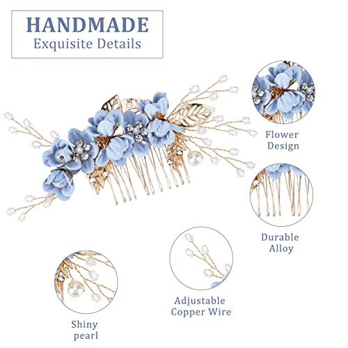 BOWINR 5 Pack Wedding Hair Piece Bridal Hair Comb, Blue Flower Rhinestone Hair Accessories Handmade Pearl Crystal Floral Leaf Hair Clip for Women Girls Bride Bridesmaids Prom Wedding Party