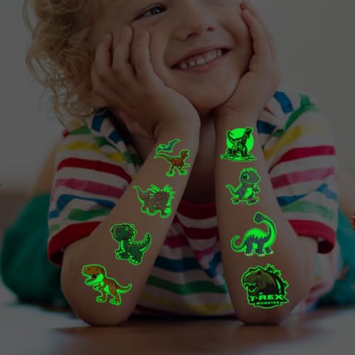 Glow in The Dark Dinosaur Temporary Tattoos for Kids - 74 Individually Sheets Luminous Dinosaur Tattoos for Boys Birthday Party Favors Goodie Bag Fillers