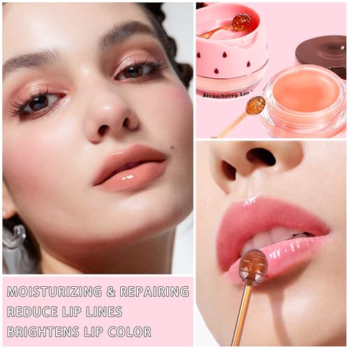 Bee Propolis Strawberry Lip Balm - Hydrating Lip Sleeping Mask for Dry Lips | Strawberry Extract & Propolis | Moisturizing, Exfoliating Lip Treatment in Honey Pot