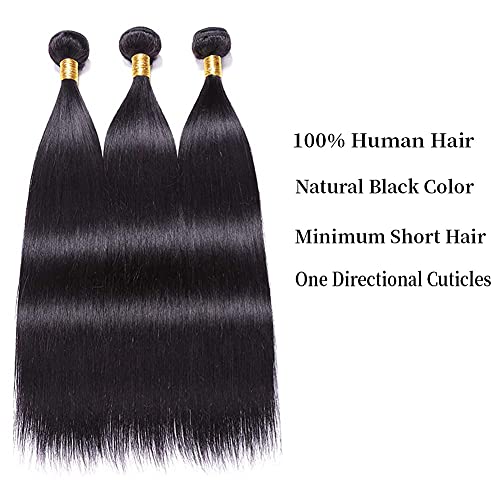 Straight Human Hair Bundles With Closure 18 20 22+16closure 100% Unprocessed Remy Brazilian Virgin Straight Hair 3 Bundles with 4x4 Free Part Closure 9A Remy Human Hair Extensions Natural Color