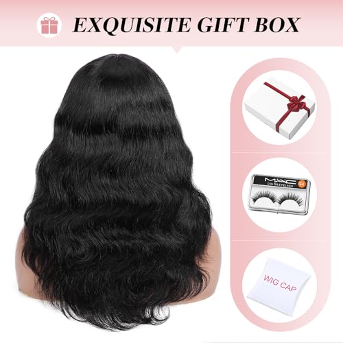 Fancy Hair Natural Wavy Human Hair Wig with Bangs Lace Middle Part Glueless Body Wave Brazilian Virgin Human Hair Wigs with Bangs for Black Women Natural Black 20 inches