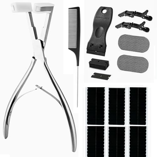 Tape in Hair Extension Tools Kit, Professional Flat Surface Stainless Steel Tape in Hair Extensions Sealing Clamp Plier,Tape Remover Scraper Tool,Hair Clips, Hair Extensions Styling Tools(Silvery Set)