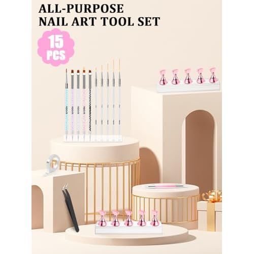 Nail Art Tools Set, Nail Stand for Press on Holder for Painting Nails, Nail Art Brushes and Dotting Tools, Nail Design Tools Supplies, Gel Polish and Builder Brush, French Tip Brush, Liner Brush