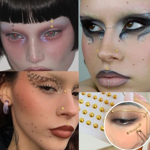 NOOEPC Gold and Silver Face Gems Fake Piercings, Fake Lip Ring Fake Nose Ring Fake Eyebrow Piercing Fake Lip Piercing Self-Adhesive Face Sticker Fake Piercing Balls