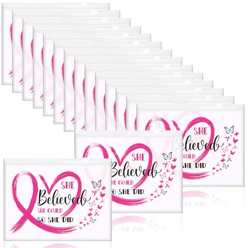 Jansun 50 Pcs Breast Cancer Awareness Make up Bag Pink Ribbon Cosmetic Bags Zipper Travel Toiletry Bag Breast Cancer Survivor Gifts for Woman Girls Charity