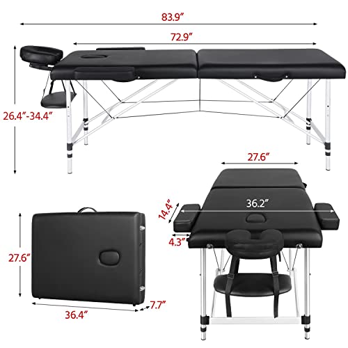 Yaheetech Massage Tables Portable Massage Bed Aluminium Height Adjustable Facial Salon Tattoo Bed with Non-Woven Bag, 28 inch Width Black