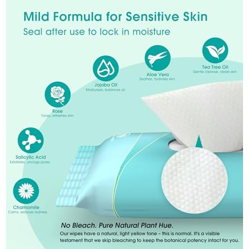 Facial Cleansing Wipes, Tea Tree Oil Extract for Face Cleansing, Salicylic Acid for Acne Treatment, Hydrating Pore Care for Sensitive Skin, Exfoliating & Soothing Double-Sided Cleansing Wipes (28PCS)