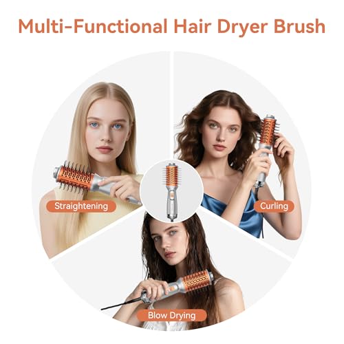 Travel Hair Dryer Brush, Dual Voltage 100?240V 4-in-1 Hot Air Brush with 3 Heat & 2 Speed Settings for Drying, Straightening, Curling & Volumizing, Mini Ionic Thermal Blow Dryer Brush for Women