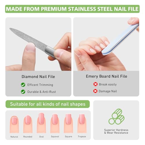 BALUCA Stainless Steel Diamond Nail File for Natural Acrylic Nails, Double Sided Metal Fingernail Toenail File for Women, Durable and Efficient Nail Care Tool