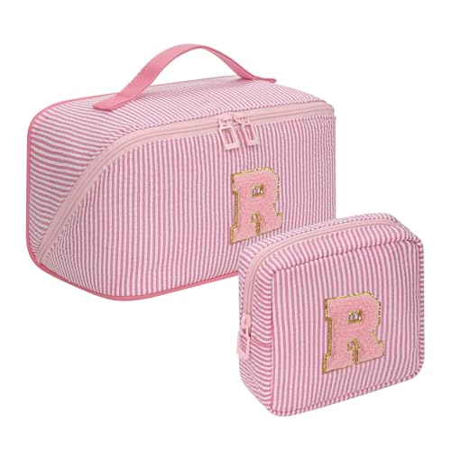 Travel Makeup Bag for Women, 2Pcs Portable Personalized Initial Makeup Organizer Bag, Open Flat Large Cosmetic Bag With Travel Essential Pouch (Pink Letter R)